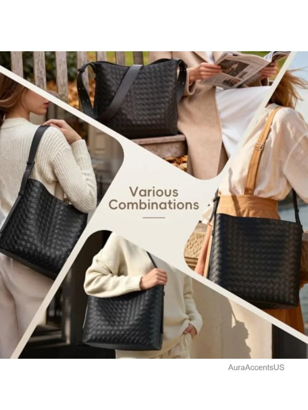 Large Woven Tote Bag with Adjustable Strap, Multi-Pockets, PU Leather, Work